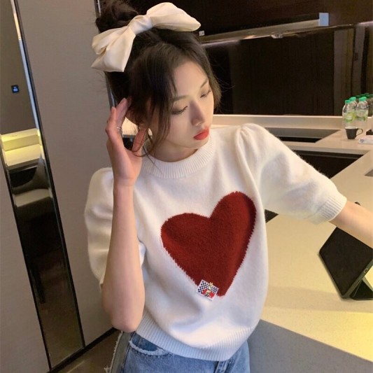 甜美爱心针织短袖上衣